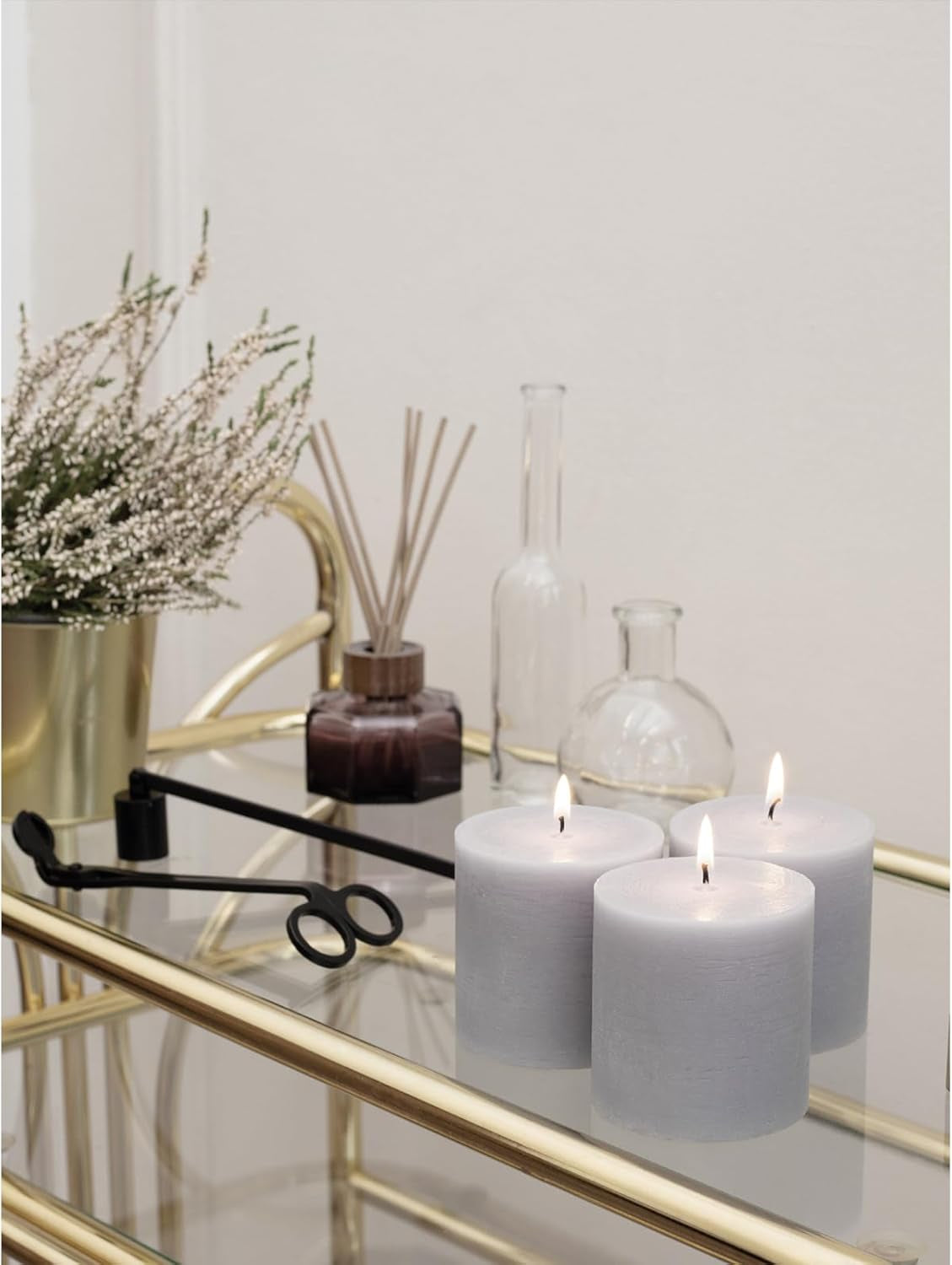 3X3 Pillar Candles Set of 3 - Rustic Unscented No Drip Light Gray Candles for Home Decor, Weddings, Centerpieces